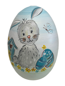 Easter Wooden Egg: Bunny Rabbit with blue background (free USA shipping included)