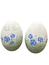 Load image into Gallery viewer, Easter Wooden Egg: Blue Hydrangeas with Καλό Πάσχα or without (free USA shipping included)
