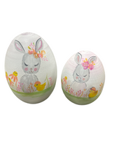 Load image into Gallery viewer, Easter Wooden Egg: Bunny Rabbit with pink background in 2 sizes (free USA shipping included)
