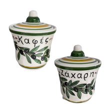 Load image into Gallery viewer, Ceramic Coffee (Καφές) and Sugar (Ζάχαρη) Set—Olives Design (free USA shipping included)
