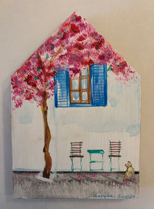 Hand-painted Wooden House: Kitty and Island Scene—option for key holder (free USA shipping included)