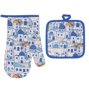 Kitchen Oven Mitt 2 piece set Cycladic Village (free USA shipping included)