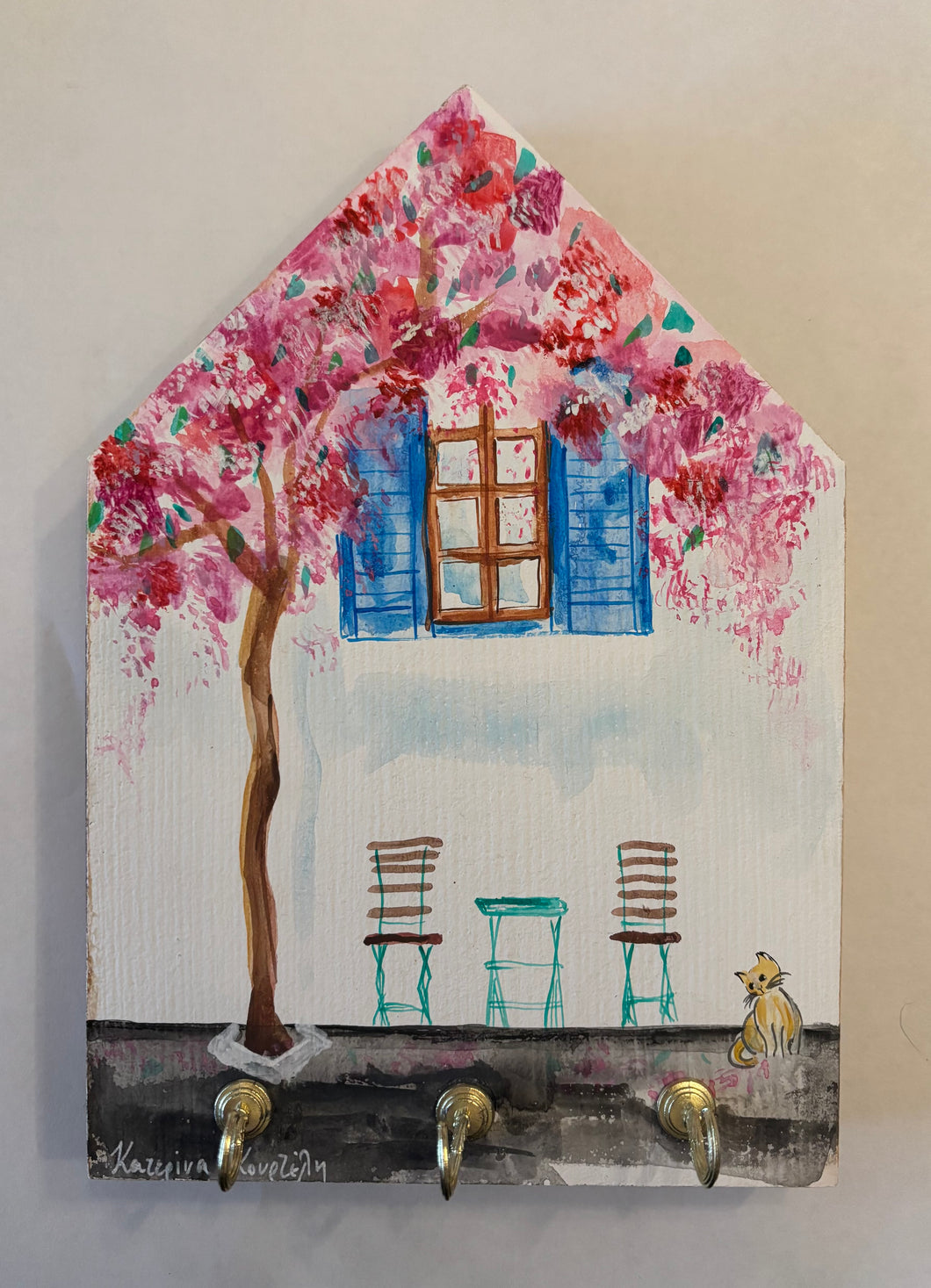 Hand-painted Wooden House: Kitty and Island Scene—option for key holder (free USA shipping included)