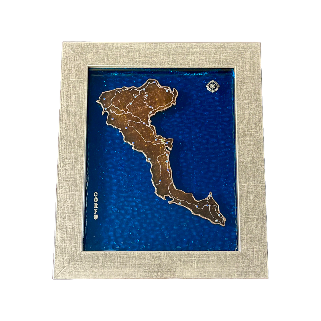 Handmade Glass Island Cutout Art with Frame: Corfu/Κέρκυρα (free USA shipping included)