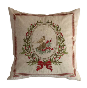 Pillow Cover: Christmas bird, Holly and bow (free USA shipping included)