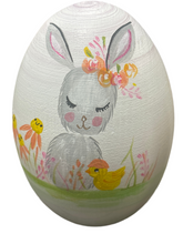 Load image into Gallery viewer, Easter Wooden Egg: Bunny Rabbit with pink background in 2 sizes (free USA shipping included)
