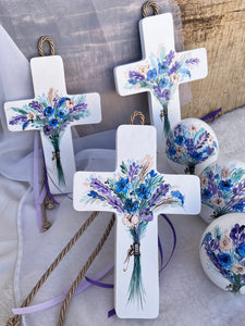 Wooden Cross with Floral Bouquet and Cording (free USA shipping included)