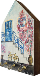 Hand-painted Wooden House: Kitty and Island Scene—option for key holder (free USA shipping included)