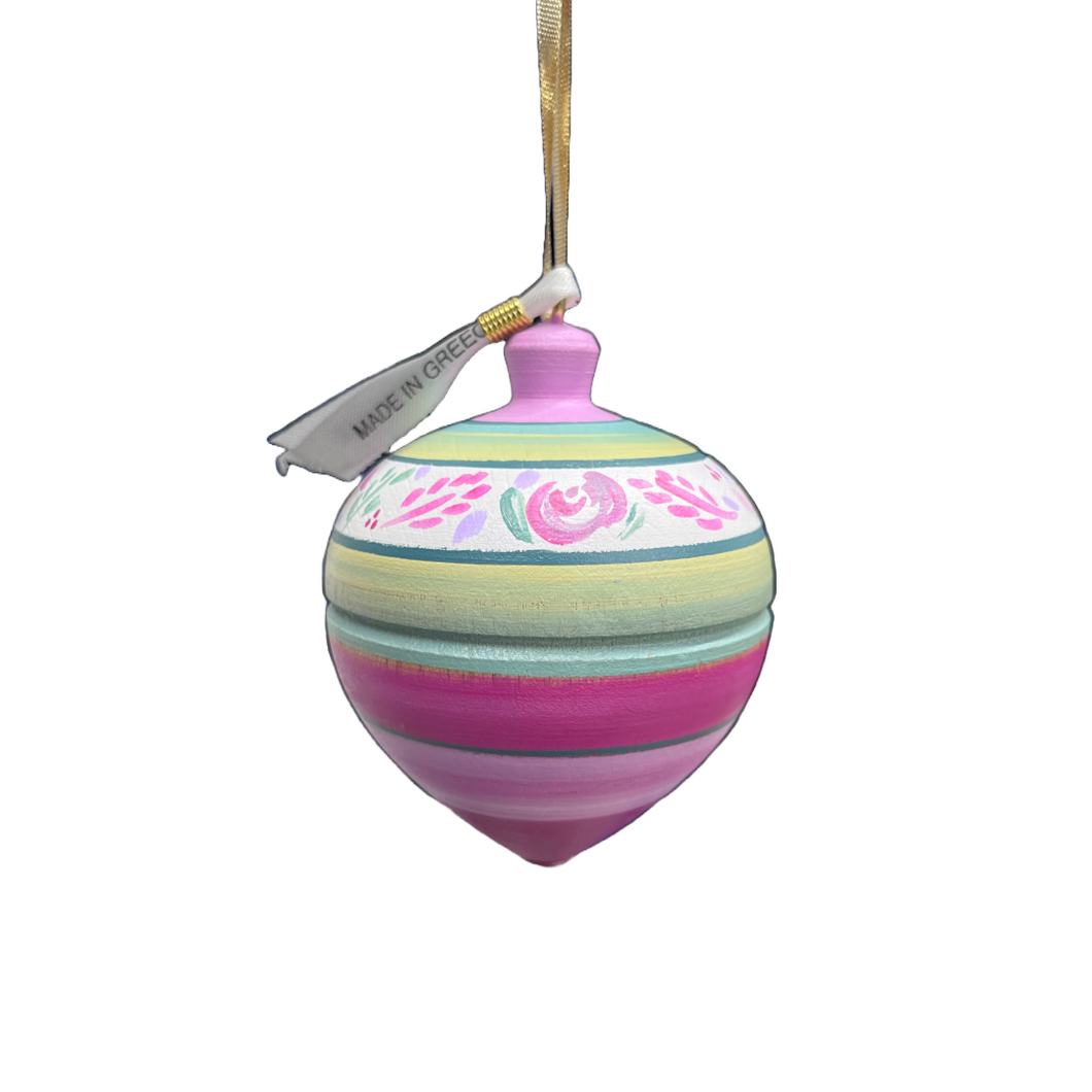 Pink and Green Striped Wooden Ornament (free USA shipping included)